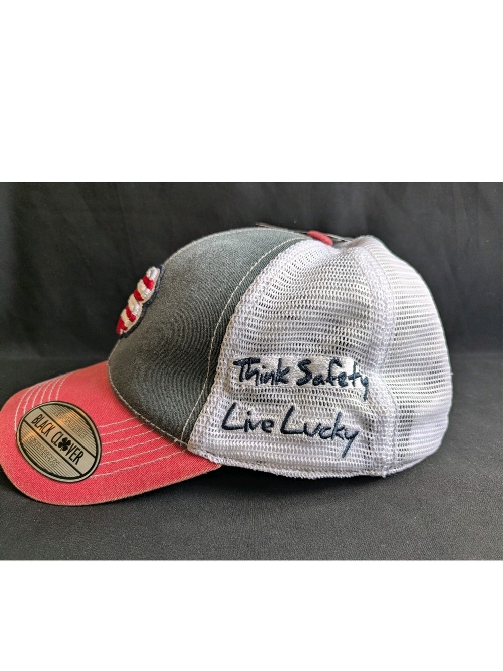 Live Lucky 🍀 Black Clover Golf Hat 🇺🇸 USA Two Tone Vintage ~ NSR Think Safety